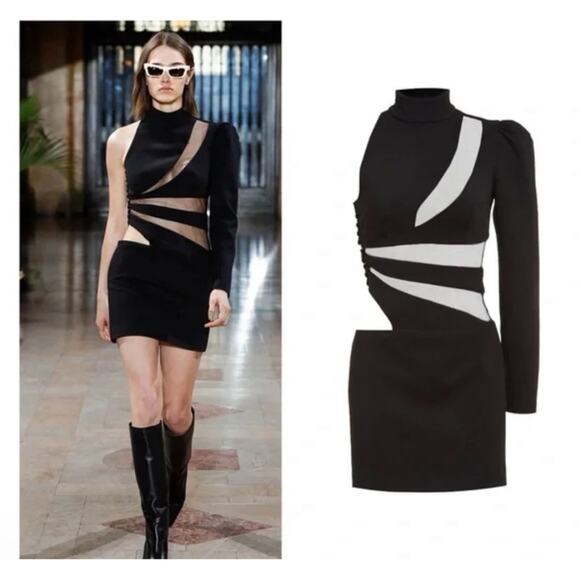 PatBO Spiral One Sleeve Black Illusion High Neck Asymmetric Mesh Mini Dress Sz 0 - Picture 5 of 14